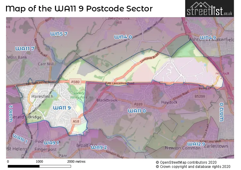 Map of the WA11 9 and surrounding postcode sector