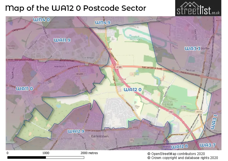 Map of the WA12 0 and surrounding postcode sector