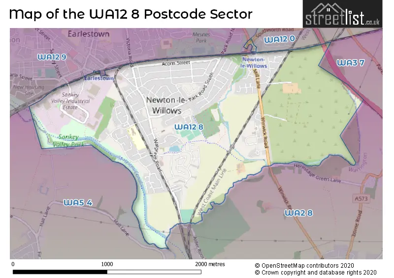Map of the WA12 8 and surrounding postcode sector