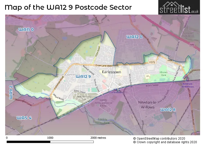 Map of the WA12 9 and surrounding postcode sector