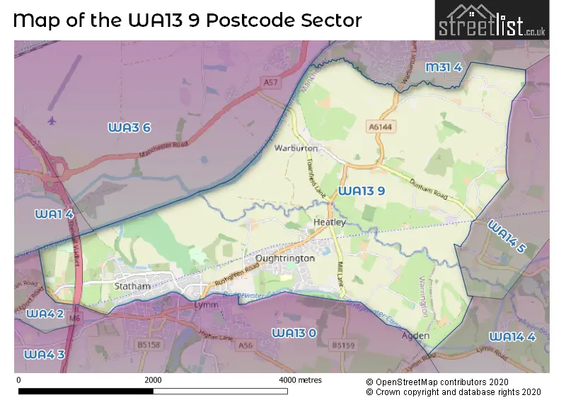 Map of the WA13 9 and surrounding postcode sector