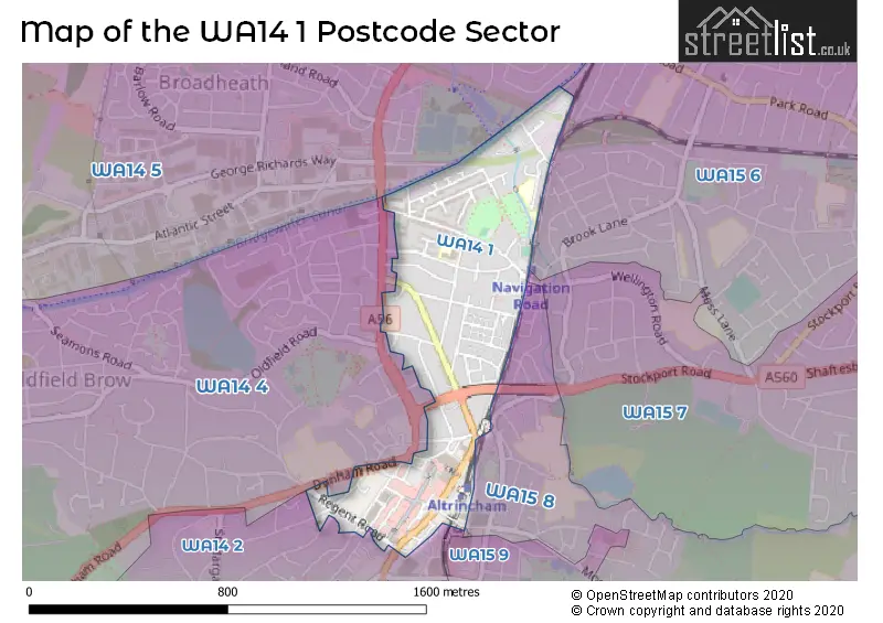 Map of the WA14 1 and surrounding postcode sector