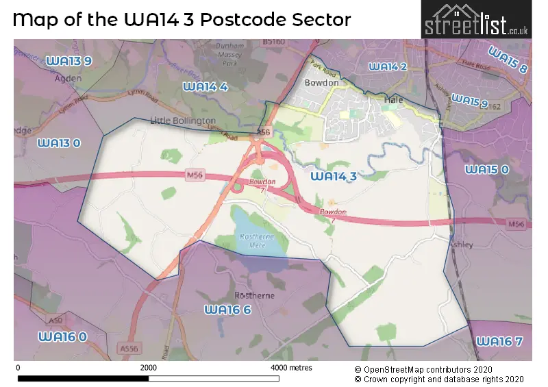 Map of the WA14 3 and surrounding postcode sector