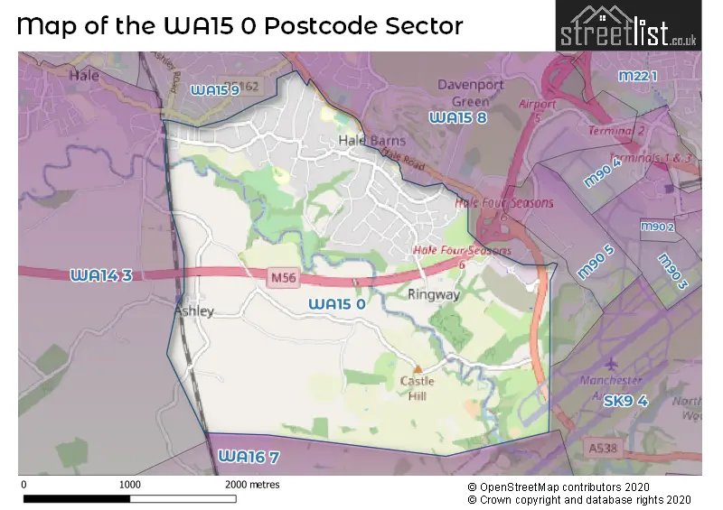 Map of the WA15 0 and surrounding postcode sector