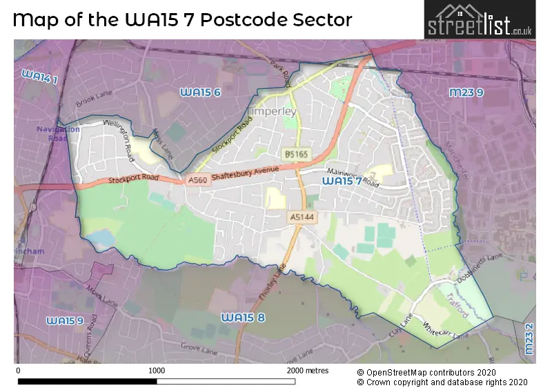 Map of the WA15 7 and surrounding postcode sector