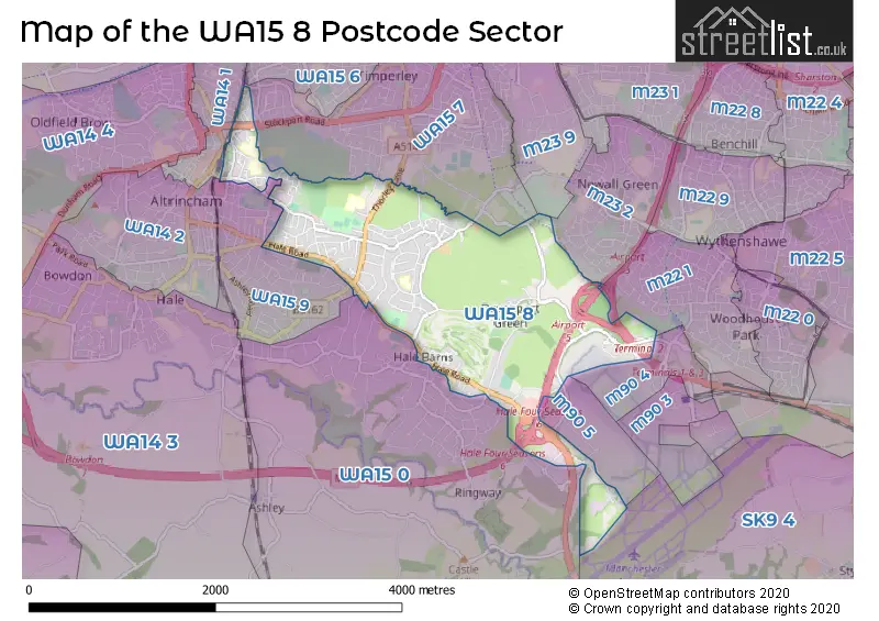Map of the WA15 8 and surrounding postcode sector