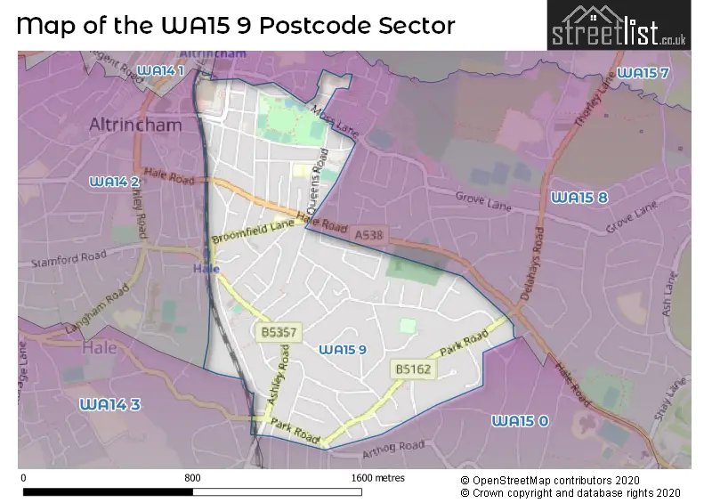 Map of the WA15 9 and surrounding postcode sector