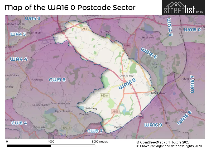 Map of the WA16 0 and surrounding postcode sector