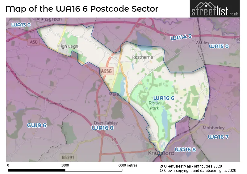 Map of the WA16 6 and surrounding postcode sector