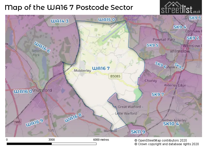 Map of the WA16 7 and surrounding postcode sector