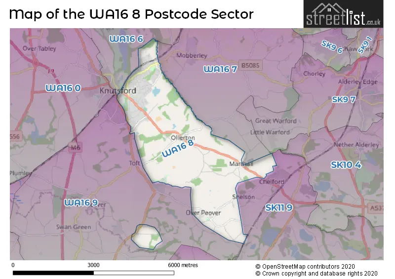Map of the WA16 8 and surrounding postcode sector