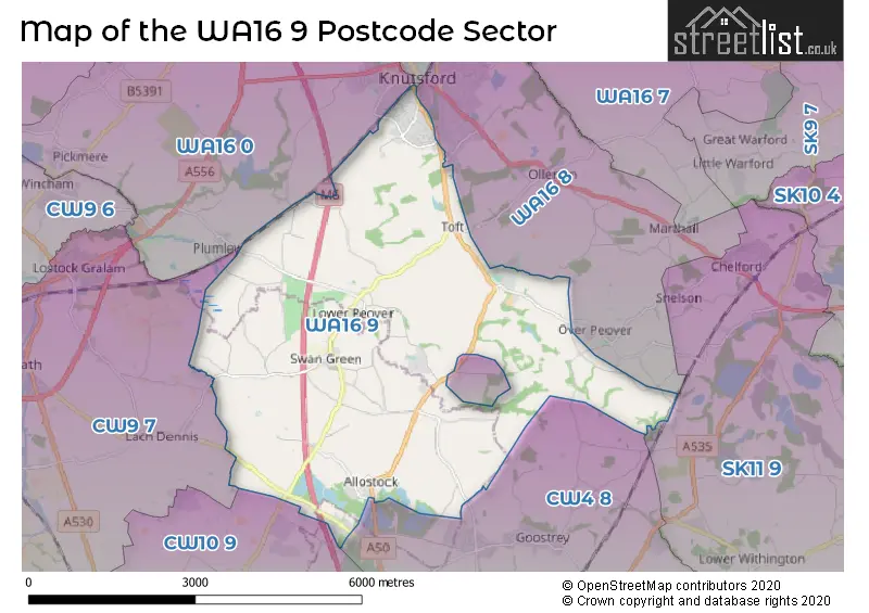 Map of the WA16 9 and surrounding postcode sector