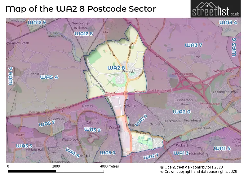 Map of the WA2 8 and surrounding postcode sector