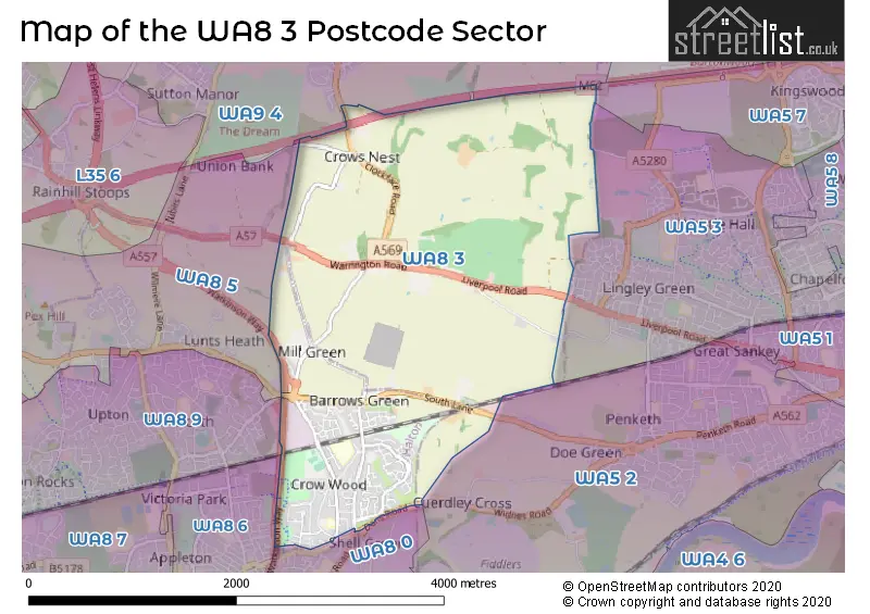 Map of the WA8 3 and surrounding postcode sector