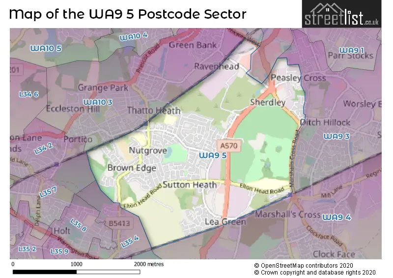 Map of the WA9 5 and surrounding postcode sector