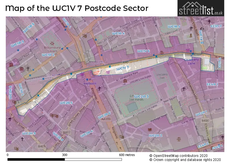 Map of the WC1V 7 and surrounding postcode sector
