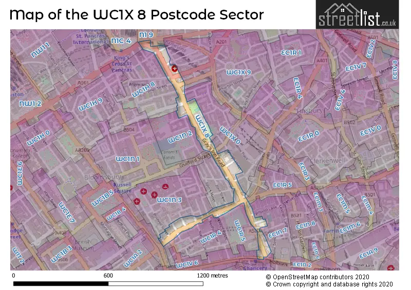 Map of the WC1X 8 and surrounding postcode sector
