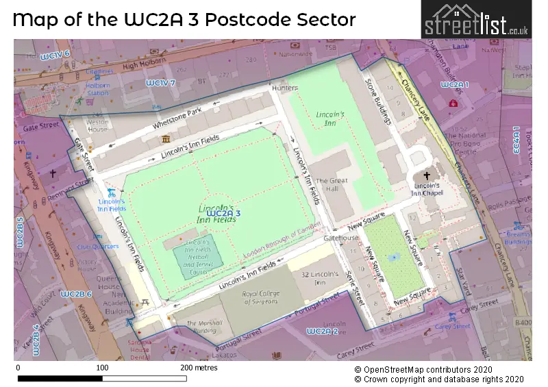 Map of the WC2A 3 and surrounding postcode sector