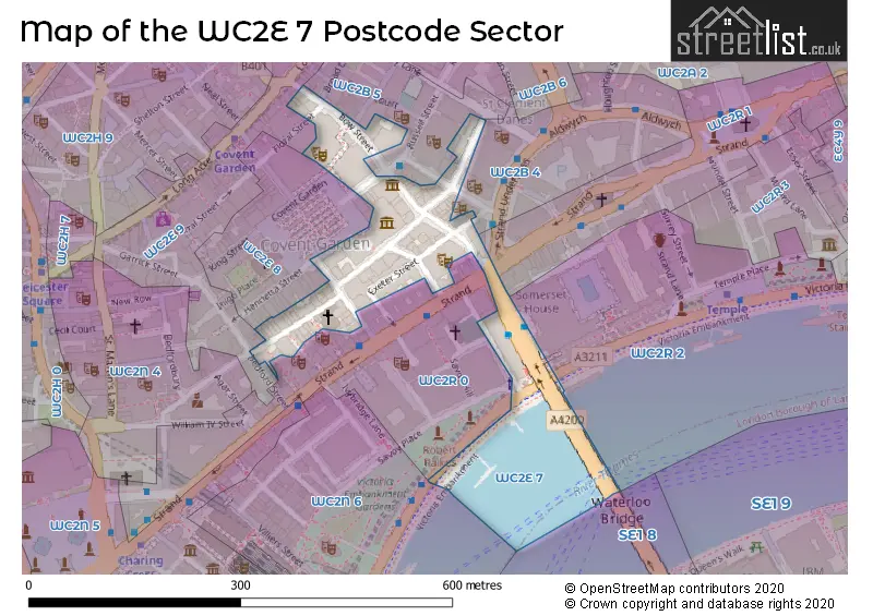 Map of the WC2E 7 and surrounding postcode sector