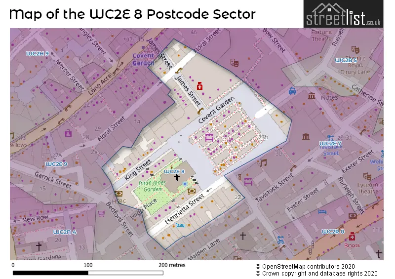 Map of the WC2E 8 and surrounding postcode sector