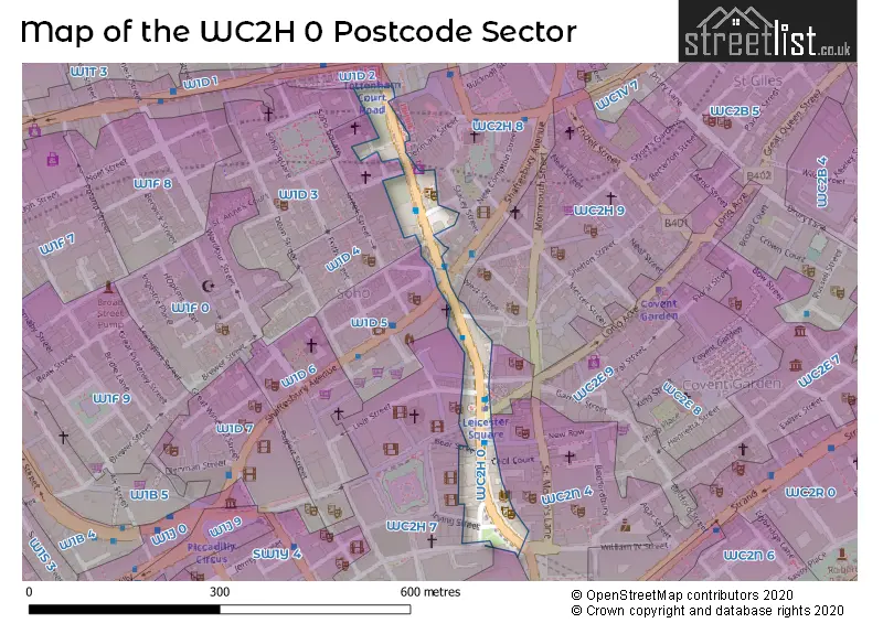 Map of the WC2H 0 and surrounding postcode sector