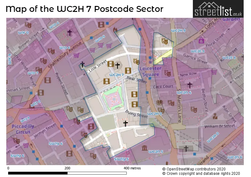Map of the WC2H 7 and surrounding postcode sector