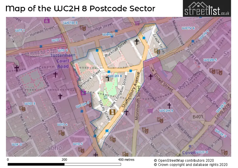 Map of the WC2H 8 and surrounding postcode sector