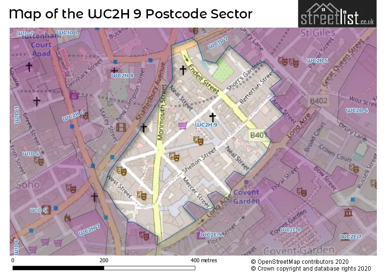 Map of the WC2H 9 and surrounding postcode sector