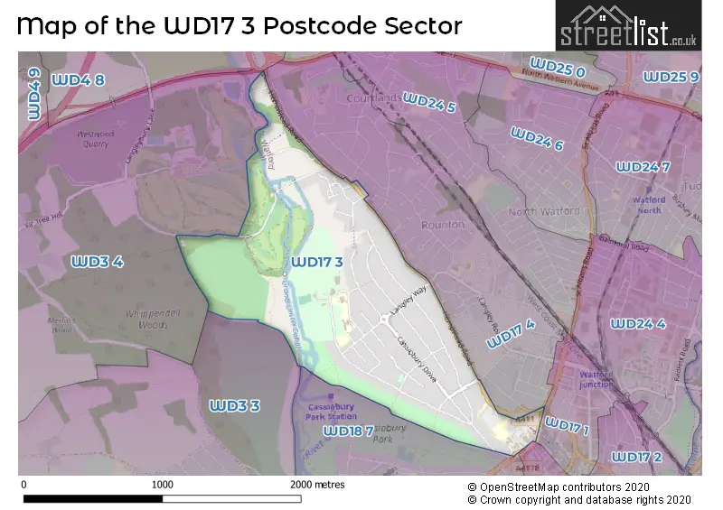 Map of the WD17 3 and surrounding postcode sector