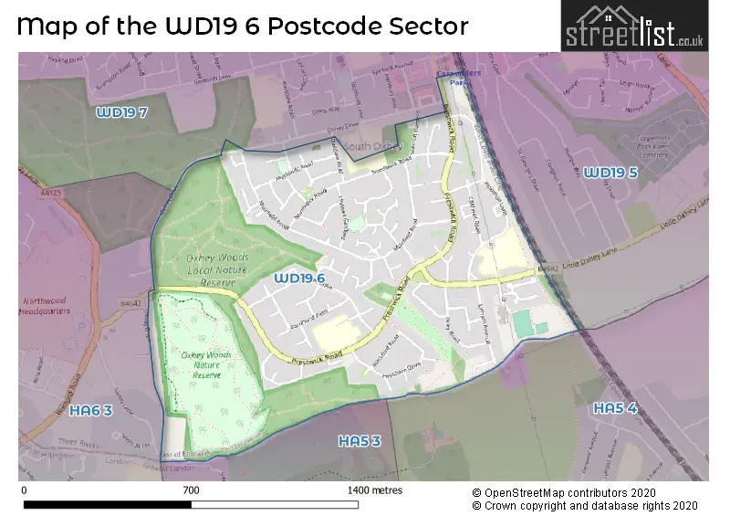 Map of the WD19 6 and surrounding postcode sector