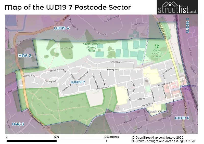 Map of the WD19 7 and surrounding postcode sector