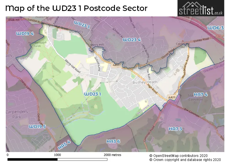 Map of the WD23 1 and surrounding postcode sector