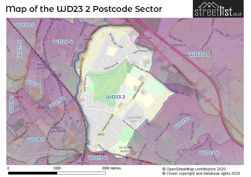Map of the WD23 2 and surrounding postcode sector