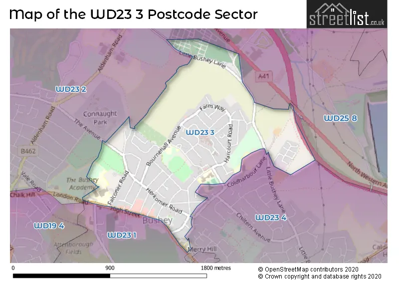 Map of the WD23 3 and surrounding postcode sector
