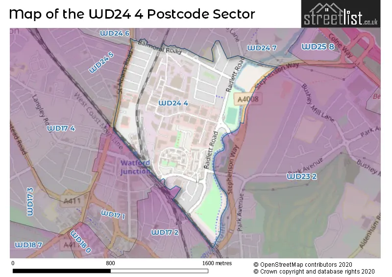 Map of the WD24 4 and surrounding postcode sector