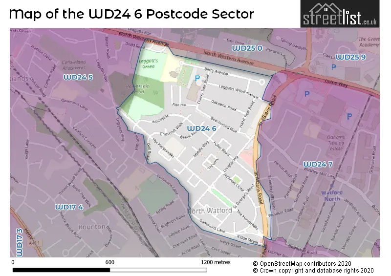 Map of the WD24 6 and surrounding postcode sector