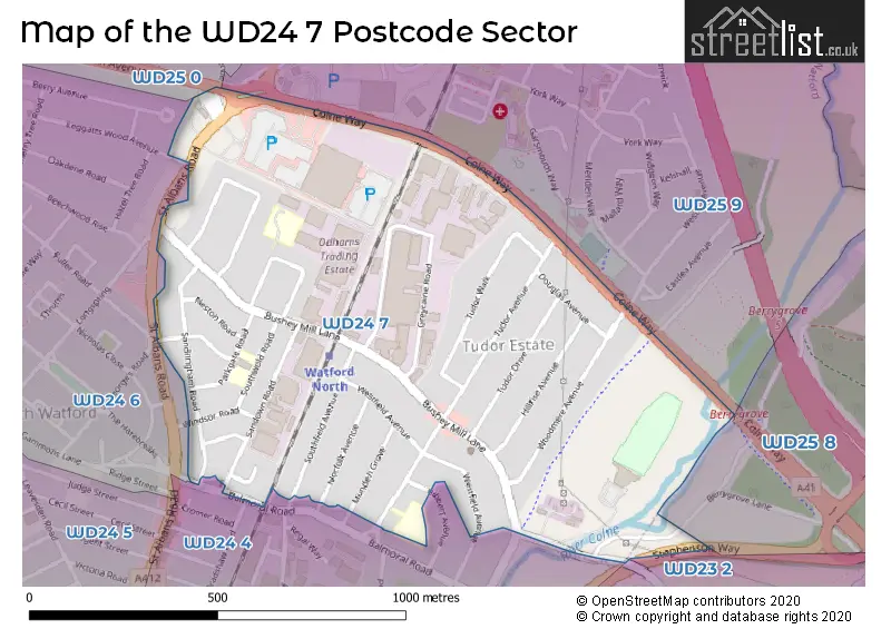 Map of the WD24 7 and surrounding postcode sector