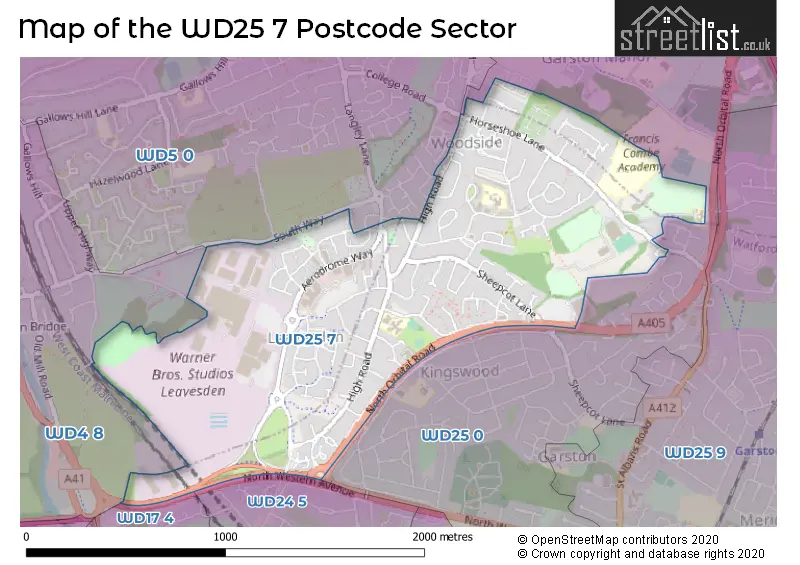 Map of the WD25 7 and surrounding postcode sector