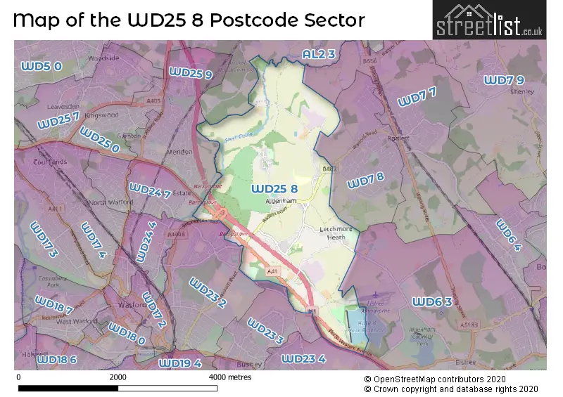 Map of the WD25 8 and surrounding postcode sector