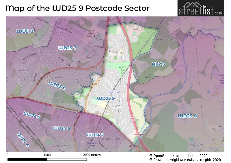 Map of the WD25 9 and surrounding postcode sector