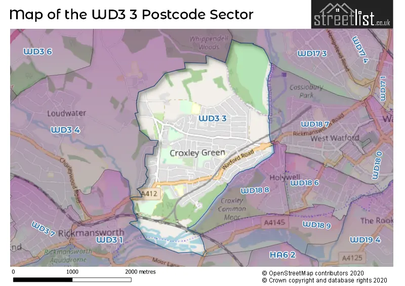 Map of the WD3 3 and surrounding postcode sector