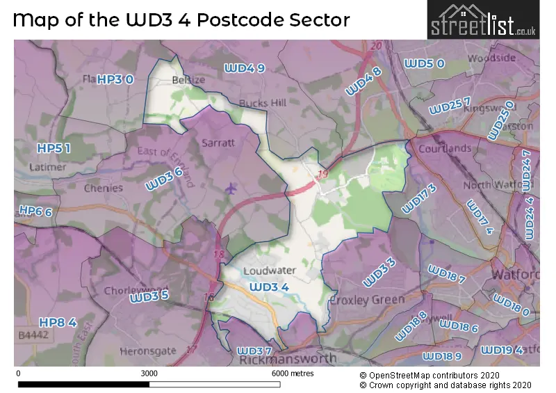 Map of the WD3 4 and surrounding postcode sector
