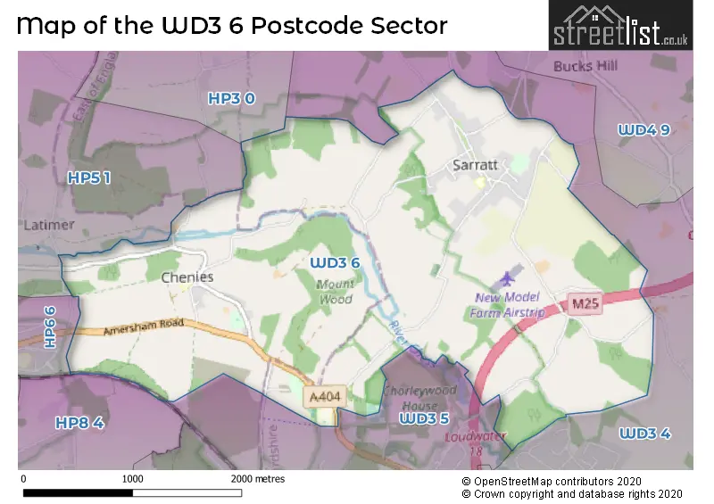 Map of the WD3 6 and surrounding postcode sector