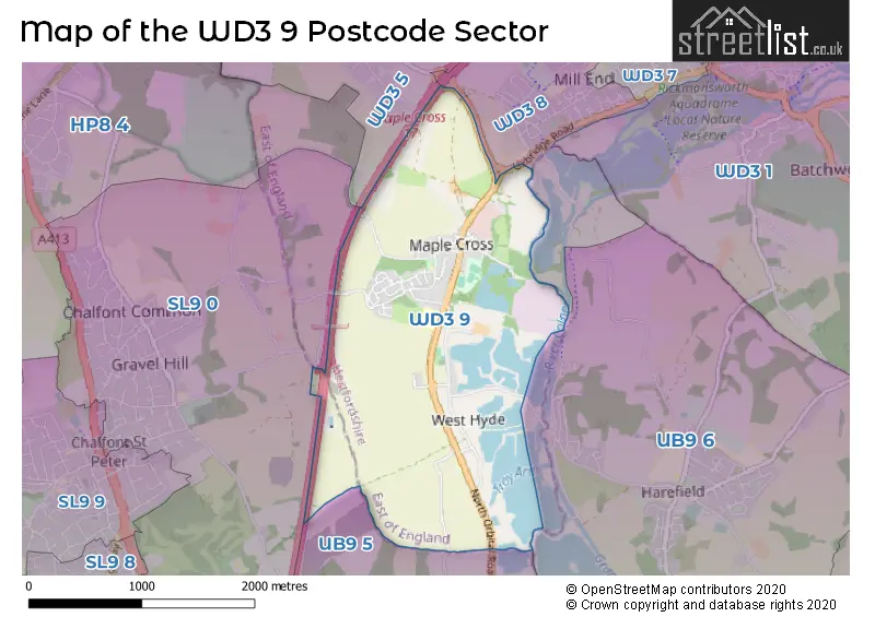 Map of the WD3 9 and surrounding postcode sector