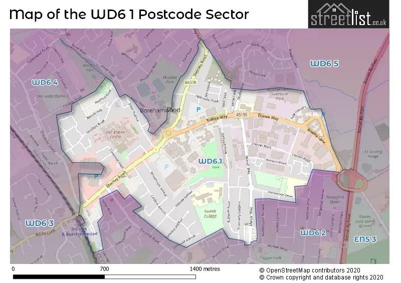 Map of the WD6 1 and surrounding postcode sector