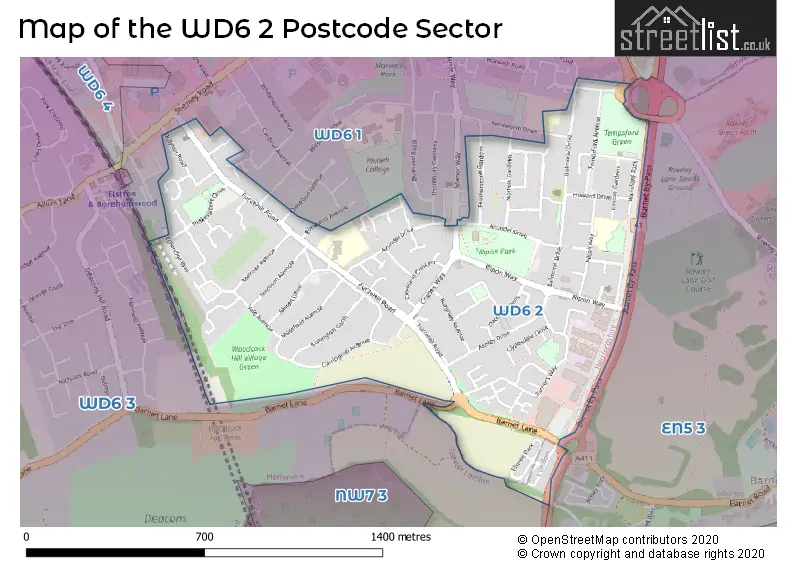 Map of the WD6 2 and surrounding postcode sector
