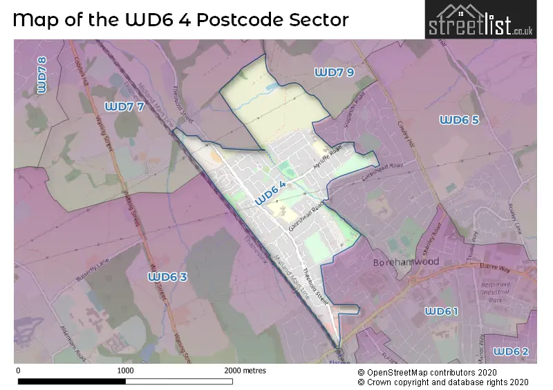 Map of the WD6 4 and surrounding postcode sector