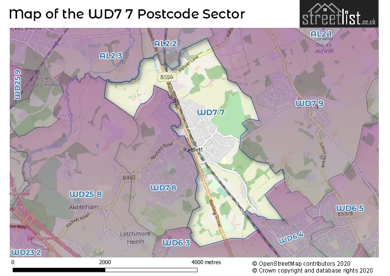 Map of the WD7 7 and surrounding postcode sector