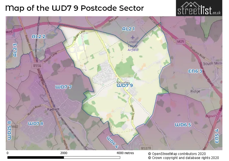Map of the WD7 9 and surrounding postcode sector