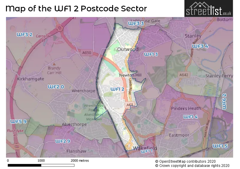 Map of the WF1 2 and surrounding postcode sector